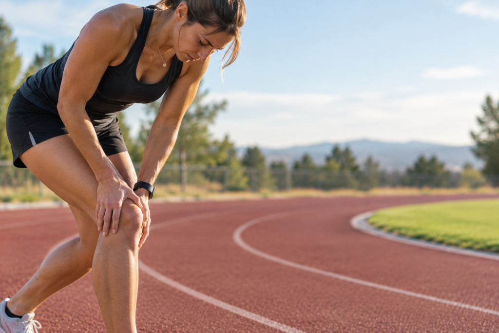 Colorado Runner holds her knee in pain after a long run.